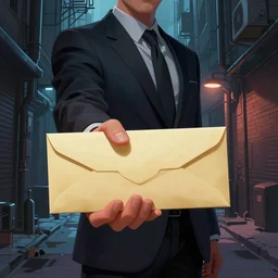 businessman handing the viewer an envelope, detailed digital illustration by greg rutkowski, cyberpunk back alley, nighttime