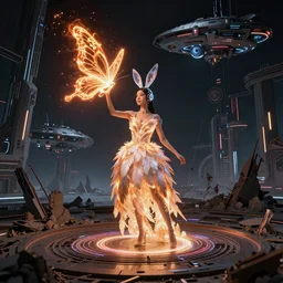a girl like yoona, in a glowing skirt with feathers, wearing cybernetic bunny ears, casting fire spell in shape of a butterfly, in the middle of round ruins, background cyberpunk spaceship, full shot, photo, geometries, elegant, Fibonacci, volumetric lighting, epic composition, intricate details, dark neon punk, by denis villeneuve , Greg Rutkowski and Alphonse Mucha
