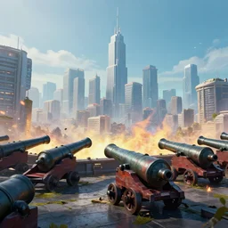 cyberpunk city being bombarded by napoleonic cannons.