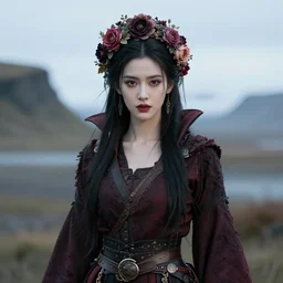 beautiful female character inspired by iceland and floral headdress vampire bounty hunter | | digital artwork made by greg rutswork, anna dittmann and lois van barlee, symmetrical rim light, anatomically correct