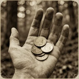 old retro burnt out sepia photograph with scratches of an old and wrinkled hand with five fingers!! holding a few golden coins with royal engravings. magical forest in the background with bokeh. Antique. High quality 8k. Intricate. Sony a7r iv 35mm. Award winning. Zdzislaw beksinski style