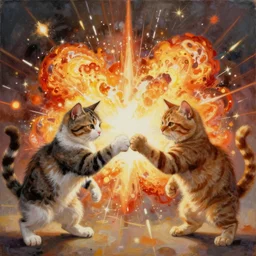 a painting of two cats fist bumping each other, there is an explosion behind them
