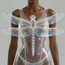 brown woman wearing a translucent dragonfly armor. intricate. super detailed. layered. textured. award winning. dispersion of light. refracted lighting. soft. fragile.