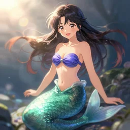 beautiful anime mermaid, smiling, intricate, sharp focus, lens flare, bloom, illustration, highly detailed, digital painting, concept art, matte, art by ruan jia and wlop and greg rutkowski, masterpiece