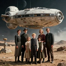 highly detailed, 256435456k film, 4838400mm film still from a sci fi blockbuster color movie made in 2019, set in 1860, of a family standing in front of a spaceship that has just landed on an alien planet, the family are all wearing 1860s era clothes, good lighting, good photography, ultra high definition