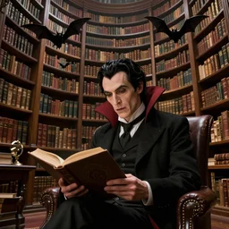 help! dream enormous library, dracula sits reading a book, bats, gordon browne
