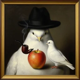 a magritte painting masterpiece exposed in Paris : a pipe smoking apple on a dove with black hat  , This 4K HD image is Trending on Artstation, featured on Behance, well-rendered, extra crisp - n 9