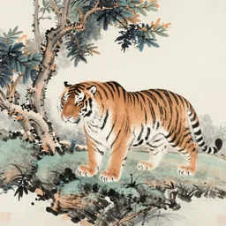 tiger in chinese landscape, traditional chinese painting,