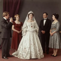 A wide full shot, colored Russian and Japanese mix historical fantasy of a photograph portrait taken of the empress wearing her royal wedding attire, photographic portrait, warm lighting, 1907 photo from the official wedding photographer for the royal wedding.