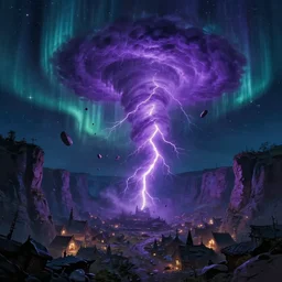 concept art, the night of the aurora, the horrible purple lightning tornado appears above the mysterious atlantis canyon town. countless broken stones float in the tornado, fantasy, rich color matching, starlight rippling, dreamlike, magnificent movie scenes, strokes, trending on artstation, matte painting