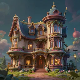 fantasy wavy futuristic victorian atompunk mansion, surreal, detailed, sharp details, architectural accents, colourful paint, ( ( ( reflexions on windows ) ) ), volumetric lights, depth of field, octane render, photorealism, 3 d art by pixar, ghibli