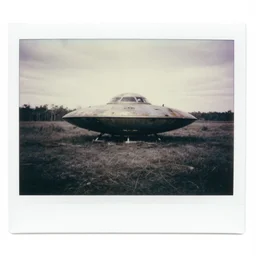 old polaroid of a rusted ufo landed on a swamp, black and white, wide angle