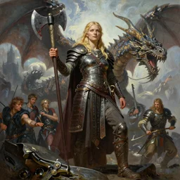 An oil painting of a beautiful blonde viking woman posing with a bloodied war-axe, very aesthetic, detailed face, by Frank Frazetta, Greg Rutkowski, Boris Vallejo, Neal Hanson, Christian MacNevin, epic fantasy character art, goddess of war, detailed viking rune armor, high fantasy, full length, exquisite detail, post-processing, low angle, masterpiece, cinematic, colossal dragon in background