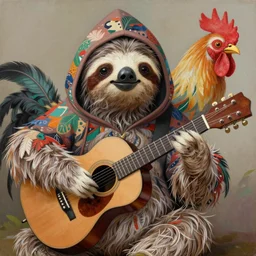 realistic bipedal sloth, long airy fur, playing a guitar, hoodie cloak based on rooster feathers, painting style by, noriyoshi ohrai, archibald thorburn, stylized, ornately detailed, chromatic aberration