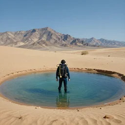 a single scuba divers is standing alone in a small wading pool. the pool is surrounded by desert sand ; mountain range in the background. the sky is cloudless. surrealist painting,