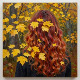 the leaves start to turn to the color of your hair, oil on canvas, very wavy hair with shades of yellow and red, many leaves and branches in the foreground, in a forest in autumn, by jeremy lipking, craig mullins