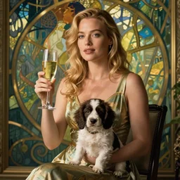 cinematic lighting. blonde margot robbie with glass of champagne in her hand and a spaniel puppy on her lap. art nouveau. art by mucha