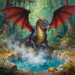 highly detailed painting of a western dragon emerging from a colorful woodland hotspring, fantasy, featured on artstation