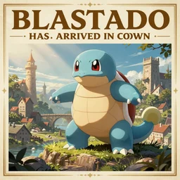 the medieval poster says, that a blastoise has arrived in town, shows a picture of him in the headlines