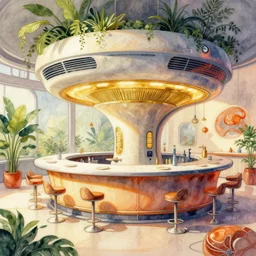 a beautiful illustration of futuristic dining bar, retro, plants, big medium small, golden ratio, in watercolor gouache detailed paintings, in style of syd mead, trending on artstation, 8 k, panel, hard surface, vent, zaha hadid, props, cozy, decoration around the room, simon stalenhag, deus ex