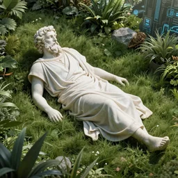 plato robed bearded ancient philosopher lounging laying in the grass overgrown cyber garden holding and playing a handheld nintendo videogame console tablet detailed realistic renaissance paintaing