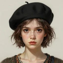 portrait of an elegantly dressed short haired hipster girl, extremely dark and prominent circles around eyes, irritated expression, bohemian fashion, wearing a beret, artsy, intricate, elegant, highly detailed, digital painting, artstation, concept art, smooth, sharp focus, illustration, art by artgerm and greg rutkowski and alphonse mucha