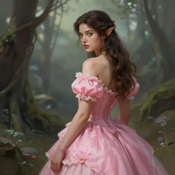 brunette fairy woman, wearing pink puffy dress, d & d, fantasy, highly detailed, digital painting, trending on artstation, concept art, sharp focus, illustration, art by artgerm and greg rutkowski and magali villeneuve, over the shoulder point of view