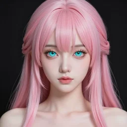 stunningly beautiful omnipotent anime goddess with porcelain skin, pink hair and mesmerizing cyan eyes, symmetrical perfect face, mid view, hyperdetailed, 2 d, 8 k