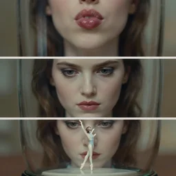 beautiful three point perspective film still of holly herndon in merce cunningham, extreme closeup portrait in style of frontiers in blade runner miniature photography fashion architectural art studio seinen manga edition, real - life porcelain statue in victorian glass jar, pursed lips, anatomically correct, pointe pose, tilt shift background, sharp focus, panavision, 8 k, macro, cinematic style