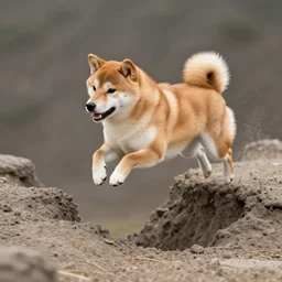 a shiba inu dog jumping into an abyss, ultra realistic, sharp focus