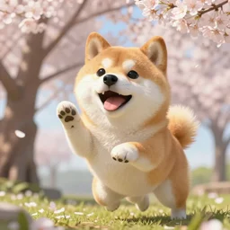 hyper realistic cute fluffy shiba inu plays under the cherry blossom tree, highly detailed, digital painting, artstation, concept art, movie still, smooth, sharp focus uhd 8 k