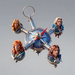 3 d rendered photo of compass - like 4 headed space station, one head with long orange - blue parted hair by jack kirby, jack gaughan, virgil finlay, alberto bontempi, shigeru komatsuzaki, wayne d barlowe, alex ross, enric torres, simon bisley & boris vallejo, alex ross, enric torres, hyper realism, cine
