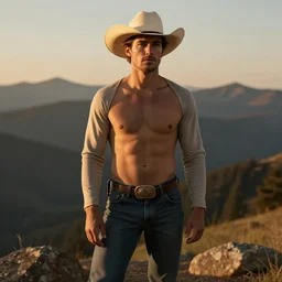 a beautiful dramatic homoerotic portrait of a cowboy wearing longjohns in the mountains | his chest is bare and he's wearing a cowboy hat | golden hour | trending on artstation