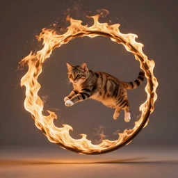 a cat jumping through a fire loop