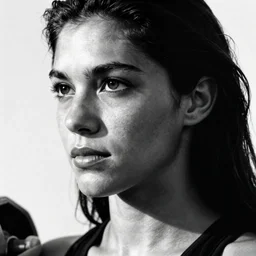 black and white vogue closeup portrait by herb ritts of a beautiful female model, weightlifter, high contrast