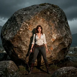 idiana jones, open shirt, large boulder, whip, comic book style