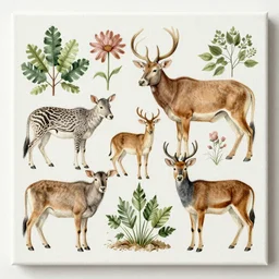 animals and plants on a canvas background, high detail, popular on etsy, Illustration, Anatomical Drawing, Painting