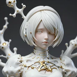 hyper detailed ultra sharp portrait of a beautiful well contoured porcelain ivory concept art nier automata!, artstation!! detailed elegant clothes, up close shot, sharp focus, global illumination, ambient lighting pixiv!! scenery art, biomechanical white silver gold vaporwave rhizomorphs headdress, dream texture, alexandre ferra, irakli nadar, alexander mcqueen, nier automata render 4 k