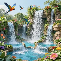 cascading concept art of an exotic garden with waterfall pools, macaw parrots flying, flowers and palm trees, plumeria, detailed, highly detailed, aesthetic, realistic, hyper realism, colorful, in depth, intricate,