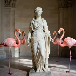 a portrait photograph of divine inside louvre, pink flamingos around, 1 9 9 0 s, studio photography, high definition, 8 k, taken by alex webb with sun and shadows