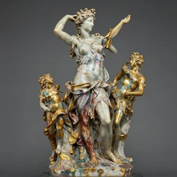 shiny colourful polished marble intricate goddess of nature statue by michelangelo buonarroti and by gian lorenzo bernini covered in color paint splashes, partially gold plated, ultra - detailed flash studio photograph