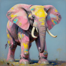 an intricate oil painting of a giant south african armored elephant mecha by simon stalenhag, pink, yellow and cyan paint decals