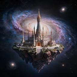mythical palace on a floating astroid in space in front of colliding spiral galaxies