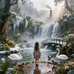 young girl, botanical garden, ornate, beautiful, atmosphere, vibe, mist, smoke, chimney, rain, well, wet, pristine, puddles, waterfall, melting, dripping, snow, swans, ducks, creek, lush, ice, bridge, cart, forest, flowers, 4 k, rembrandt, volumetric lighting, sunbeams, trending on artstation