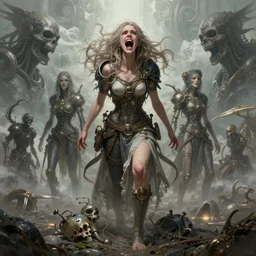 death is swallowed up in victory, very detailed and beautiful portrait of a young woman, screaming with fear, artwork by artgerm, centered shot, wide angle, full body, islandpunk, solarpunk, fantasy, highly detailed, digital painting, artstation, smooth, sharp focus, art by thomas kinkade and h. r. giger and yusei uesugi and daniel oldenburg