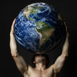 Atlas lifting the world, strong lighting contrast, intricate details, Caravaggio