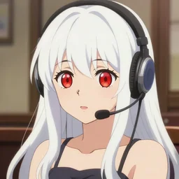 anime art, anime key visual of young cute girl, large red eyes, long white hair, and wearing a headset in her room interior, finely detailed perfect face, background blur bokeh!!, trending on pixiv fanbox, studio ghibli, extremely high quality artwork