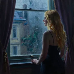 silhouette of a Elle Fanning gazing out her hotel window at the rain, extremely detailed masterpiece, oil on canvas, low-key neon lighting, artstation, by J. C. Leyendecker and Peter Paul Rubens,