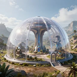 arcology oasis transparent dome. unreal engine, octane, raytrace. horizon zero dawn, hawken