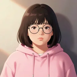 portrait of a slightly overweight cute korean girl with a Bob cut, wearing round glasses, wearing a pastel pink hoodie, dramatic lighting, anime illustration by Greg rutkowski, yoji shinkawa, 4k, digital art, concept art, trending on artstation